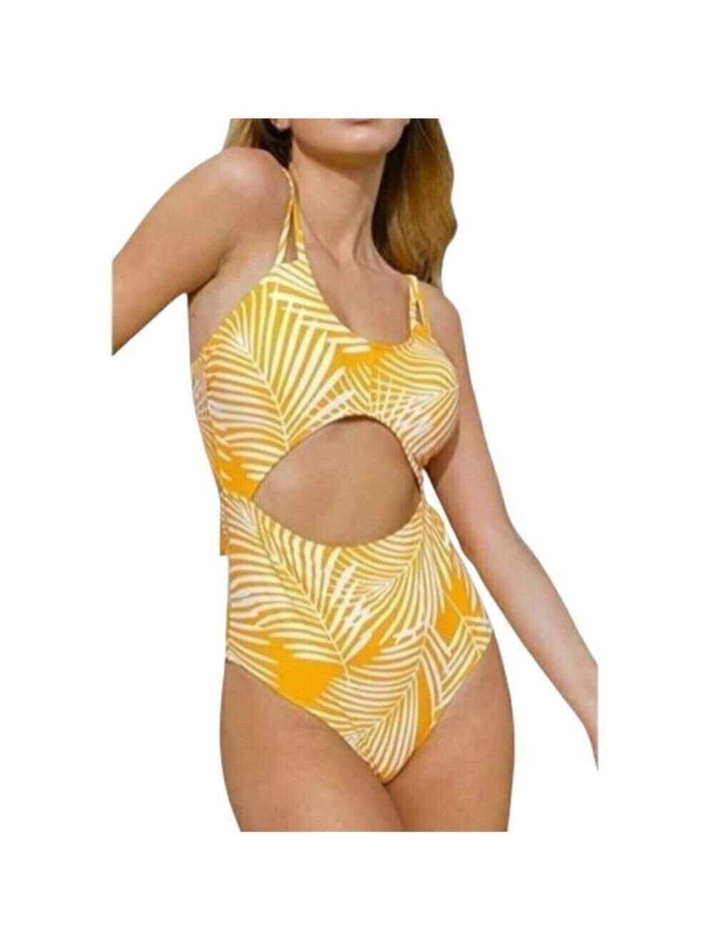 Cupshe NWT Yellow Leaf Cut Out Lace Up Padded One Piece Swimsuit Size XL